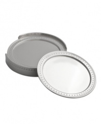 Echoing the elegant details of a wedding dress, Vera Wang's Grosgrain drink coasters and coordinating caddy marry clean lines in a lavish silver plate with ribbon-inspired trim.