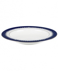 A show-stopping rim soup bowl from Marchesa by Lenox, this Empire Indigo dinnerware wows everyone around the formal table with a bedazzling platinum pattern in fine bone china.