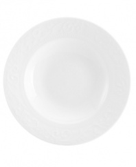 As durable as it is elegant, Mikasa's Countryside Scroll soup bowl features chip-resistant bone china embossed with delicate scrolling vines and fluted detail. A pure white glaze makes it suitable for every day, any occasion.