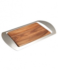 Style is served. Clean lines and modern materials give the Mikko bar tray an air of cool sophistication. Handsome acacia wood is set in polished metal with sculpted handles for easy entertaining. Designed by Neil Cohen for Nambe.