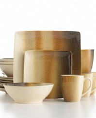 Bands of warm earth tones fade in and out on the contemporary-cool Nouveau dinnerware set by Sango. Featuring square plates with round accessories, all in dishwasher-safe stoneware.