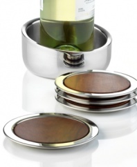 Raise the bar for cocktail and dinner parties with Hotel Collection drink coasters. Mirror-polished stainless steel encircles handsome wood in a set that protects the table and looks good doing it.
