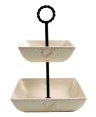 Save space on your table with this two-tiered server, featuring beaded trim and an embossed rooster design. Finished in brushed copper for an all-around rustic look. From Mesa's collection of serveware and serving dishes.