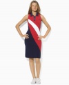 Lauren by Ralph Lauren's chic sleeveless polo dress is rendered in a bold color-blocked design, creating a casual statement piece for your wardrobe.