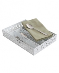 What's on the inside counts. This Design Ideas in-drawer flatware caddy marries function and style in coated steel stamped with a frilly floral pattern to keep your kitchen pretty.
