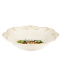 Lenox combines the vintage style of Butler's Pantry dinnerware with a quaint Italian landscape in the utterly charming Tuscan Village accent bowl. An elegant classic for casual dining with a raised leaf design and fluted edge in creamy shades of ivory.