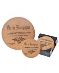 Put a cork under it. Naturally absorbent and sustainable, Thirstystone coasters and a coordinating trivet embellished like a fine bottle of cabernet will protect sensitive surfaces with a style that's straight from the vineyard. With wooden caddy.