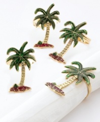 Mealtime oasis. These palm tree napkin rings brings a little piece of paradise to tables set for relaxation. Brass palms spring to life with colorful enamel accents.