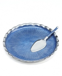 Full of surprises, this handcrafted collection of cake plates from the Simply Designz collection of serveware and serving dishes pairs sleek, polished aluminum with a fluted edge and lustrous blue enamel. With coordinating server.