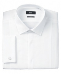 Tonal-striped panels accent this modern, slim-fitting dress shirt from Hugo Boss with a fresh amount of unexpected style.