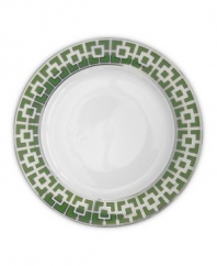 Anything but square, Nixon dinner plates from Jonathan Adler shape things up with a fantastic geometric print in green, white and dazzling platinum.