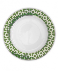 Anything but square, the Nixon dessert plates from Jonathan Adler shape things up with a fantastic geometric print in green, white and dazzling platinum.