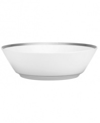 Go platinum. A solid band and three tiers of sparkling squares in white porcelain give the Pembroke Platinum soup bowl a look that's festive yet refined. A brilliant addition to a contemporary dinnerware collection by Noritake. Item differs slightly from product shown; no platinum banding at base.