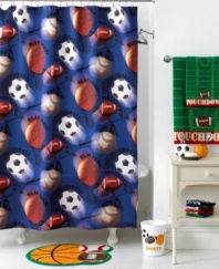 Take a time out for bath time with the Play Ball shower curtain featuring an energetic design of basketballs, soccer balls, footballs and baseballs. The top features buttonhole openings and an orange dyed stripe. Go team!