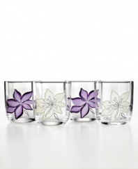 Hand-painted purple and white flowers flourish on this set of Anna Plum double old-fashioned drinking glasses to complement the Laurie Gates dinnerware pattern.