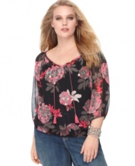 Flaunt your inner flower child with INC's three-quarter sleeve plus size peasant top, featuring a refreshing floral print. (Clearance)