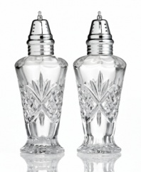 The sparkling sophistication of yesteryear makes a chic comeback with these elegant salt and pepper shakers, featuring the intricate starburst pattern of Godinger's popular Dublin crystal serveware collection.