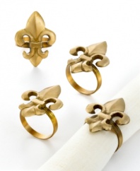 Refine dining with Fleur de Lis napkin rings by Excell. The famous French lily bestows a classic elegance on any table, in solid brass with a brushed gold finish.