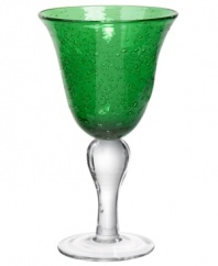 The eye-catching Iris goblet makes a big impact in any setting with a bright emerald tint and tiny bubbles trapped in dishwasher-safe glass. From Artland.