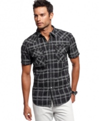 Set your sights on spring style with this short-sleeved plaid shirt from INC International Concepts.