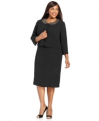 Kasper's chic plus size cropped jacket can be worn over a sheath dress or with a pair of crisp trousers. The collarless beaded neckline adds a stylish touch that's perfect for dressing up your simple staples.