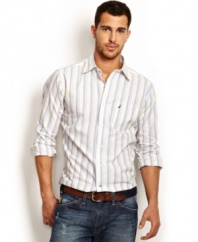 Class-up your casual look with this tonal stripe woven shirt from Nautica.