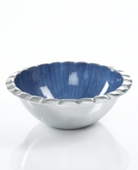 Full of surprises, this handcrafted salad bowl from the Simply Designz collection of serveware and serving dishes pairs sleek, polished aluminum with a fluted edge and lustrous blue enamel. A beautiful way to serve greens, pasta and more.