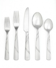Flatware with a twist. Minimalist handles etched with a playful ribbon motif make the Emma flatware set a favorite for casual, anytime dining. Coordinating accessories complete the look from Cambridge.