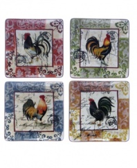 Vintage-inspired Lille Rooster dinner plates layer farm birds, Baroque florals and notes from France in a set shaped for modern tables but steeped in old-world charm. From Certified International.