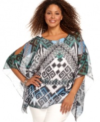 Add drama to your casual ensembles with Style&co.'s batwing sleeve plus size top, finished by a striking print and cutouts.