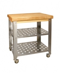 Totally spaced. Reclaim your kitchen and nearly double your workspace with this professional must-have, a solid hardwood butcher block atop a stainless steel base that is ready go to where you do on locking casters. 1-year warranty.