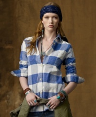 Constructed for homespun appeal in softly textured woven cotton, Denim & Supply Ralph Lauren's rugged workshirt gets girlie with chic three-quarter sleeves. (Clearance)