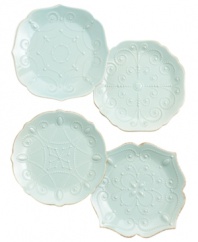 With fanciful beading and feminine edges, Lenox French Perle plates have an irresistibly old-fashioned sensibility. Hardwearing stoneware is dishwasher safe and, in an ethereal ice-blue hue with antiqued trim, a graceful addition to any meal.