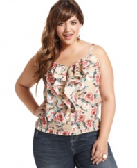 Flaunt your flower power in American Rag's sleeveless plus size top, decked out by a ruffled front.