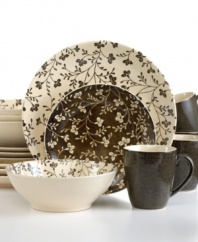 Allover blooms rooted in vintage charm conceal the hardy stoneware of Fresh Flowers dinnerware from Sango. With simple coupe bowls and plates, plus mugs to match in a mottled black.