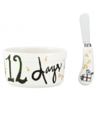 Let the countdown begin. This dip bowl and spreader from Lenox's collection of serveware and serving dishes add a festive note to holiday tables, with charming watercolor motifs that illustrate the classic holiday carol, the 12 Days of Christmas.