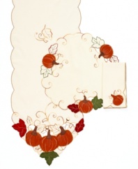 Get festive for fall with the Pumpkin Patch round tablecloth from Homewear. Embroidered vines, open cutwork and applique squash and leaves with a soft suede or satiny finish accent durable ivory linens for seasonal entertaining. (Clearance)