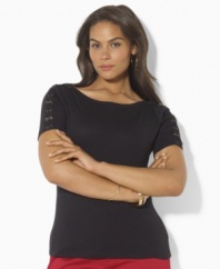 Lauren by Ralph Lauren's timeless boatneck plus size tee in lightweight, fine-ribbed cotton channels modern style with chic lace-up detailing at the sleeves.