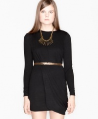 A modern draped silhouette takes center stage on this simply chic dress from Bar III.
