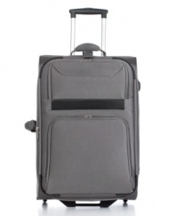 Hello handsome! Durable and attractive with a Perry Ellis embossed logo, this bag was made to see the world. Smooth-rolling wheels and an expandable carry-on construction with a fully-lined interior and multiple storage pockets make for effortless travel. 10-year warranty. (Clearance)