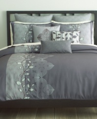 Fresh perspective. Featuring an appliqué-and-embroidery leaf motif along with contrast dot designs, Bryan Keith's Oxford comforter set offers a modern appeal in tones of deep purple and soft gray and green. Quilted European shams and delicately embroidered decorative pillows complete this set with careful attention to detail. Comforter reverses to the same print as the stripe design in the leaf appliqué.