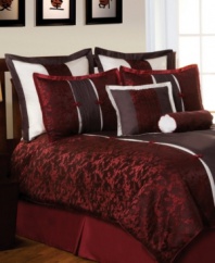 A stylish season. An intricate floral jacquard in rich burgundy accents the Autumn Blossom comforter set with refined elegance, while pleat details and decorative appliqués enhance the look with distinction. Also includes a solid bedskirt and coordinating decorative pillows to finish the ensemble with flair. (Clearance)