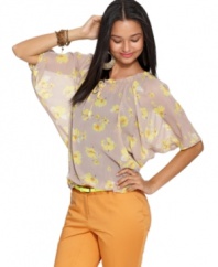 A floral-print brings spring style to this Bar III chiffon top -- it's relaxed fit makes it a perfect topper to skinny jeans or shorts!