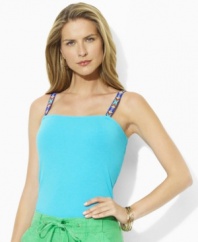 Colorful, beaded straps lend earthy glamour to a basic tank top from Lauren by Ralph Lauren, crafted from soft, stretchy cotton jersey for a close, breathable fit.