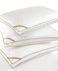 The luxury of comfort. Featuring a plush synthetic fill for softness, this Calvin Klein Signature Down Alternative Density pillow provides firm support for your head and neck as you rest. A generous 1 gusset finished with caramel piping gives just the right amount of volume. Also features a subtle, allover print of the Calvin Klein logo.