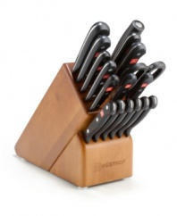 Get over dull edges with Wusthof's 18-piece cutlery set that is laser cut from one piece of steel to ensure durability and sharpness.  Conveniently store the low-maintenance tools in an attractive knife block that puts all of your kitchen essentials at arm's reach. Lifetime warranty.