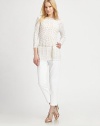 Intricate crochet meets a luxurious combination of cotton and silk to create the quintessential sweater, with a bohemian, braided belt.BoatneckThree-quarter sleevesBraided, self-tie beltAbout 24 from shoulder to hem79% cotton/18% viscose/3% silkDry cleanImported Model shown is 5'10 (177cm) wearing US size Small. 