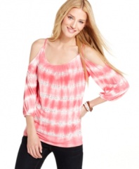 Tie-dye adds a relaxed touch to INC's sexy, shoulderless top! A smattering of studs in front gives this piece extra edge.