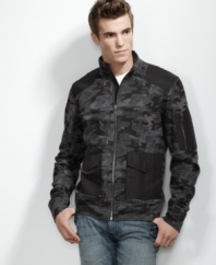 The traditional camouflage french rib jacket is updated in a black and grey colorway and adorned with multiple functional pockets, only from INC.