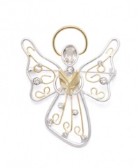 Hark! The Herald Angel's sing. Charter Club's beautifully-crafted angel pin features an intricate, cut-out design in silver and gold tone mixed metal with sparkling round and oval-cut crystals. Item comes packaged in a signature gift box. Approximate size: 2-1/4 inches.